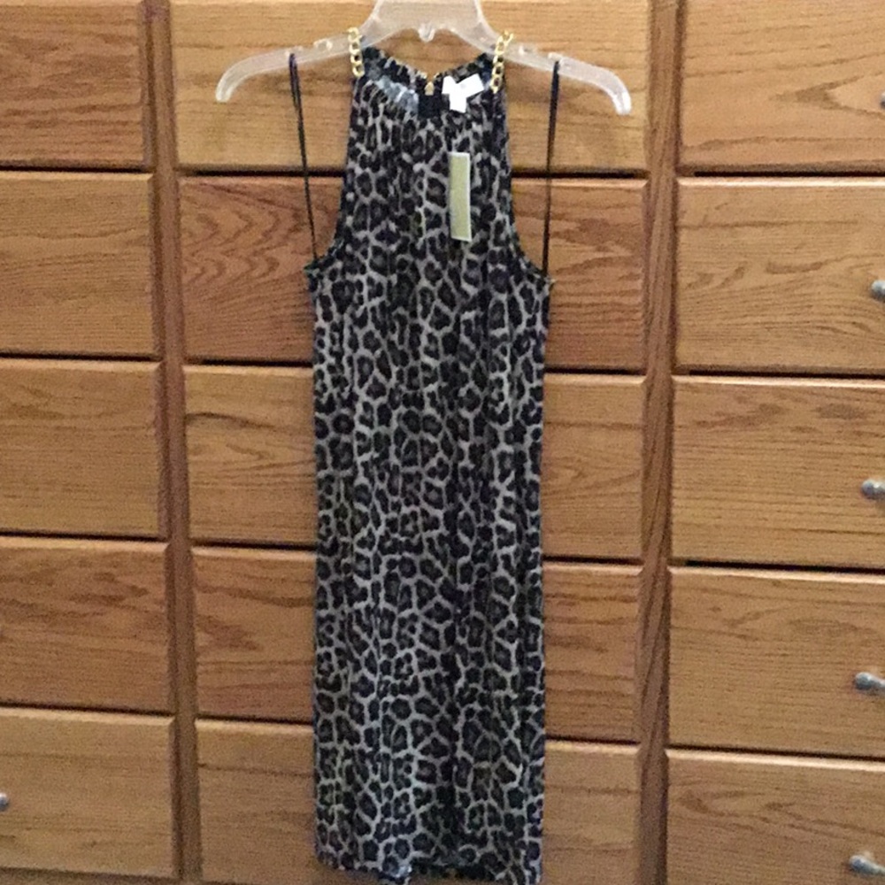 New Michael Kors Women small Sleeveless Leopard Print Dress chain neck NWT